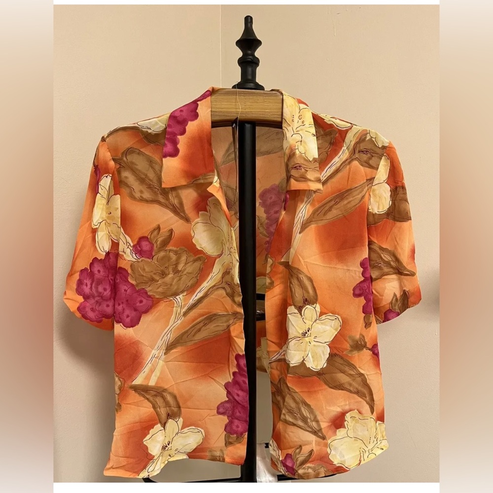 Spago Collection Sheer Floral Blouse Open Top tropical Women’s sz 18 Orange.